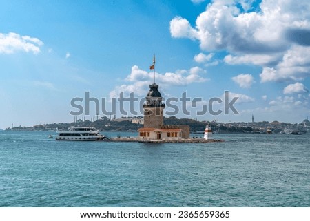 The Maiden's Tower (Turkish: Kız Kulesi), also known as Leander's Tower (Tower of Leandros) since the Byzantine period, is a tower on Bosphorus strait. Istanbul, Turkey Royalty-Free Stock Photo #2365659365