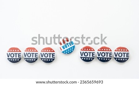 Presidental election 2024, red,blue and white vote buttons. I voted badge isolated on white background Royalty-Free Stock Photo #2365659693
