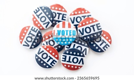 Presidental election 2024, red,blue and white vote buttons. I voted badge isolated on white background. Election day United States of America Royalty-Free Stock Photo #2365659695