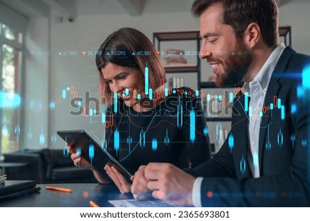 Businesspeople working together at office workplace. Concept of team work, business education, internet surfing, brainstorm, project information technology. Financial charts icons