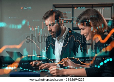 Thoughtful businesspeople working together at office workplace. Concept of team work, business education, internet surfing, brainstorm, project information technology. Financial charts icons