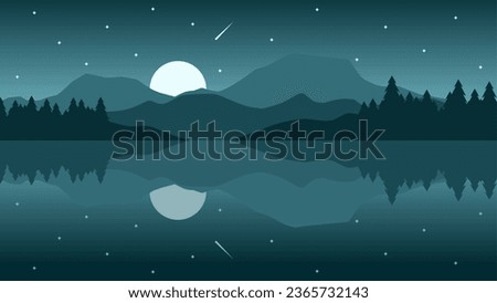 Mountain lake landscape in the night vector illustration. Mountain reflection in the lake. Mountain landscape for background, wallpaper, or landing page. Landscape panorama nature illustration