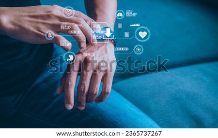 Mid adult man using smart watch during training. Heart monitor beats with wristwatch. smart watch or future data on healthcare. technology in use of smart watch for health condition.