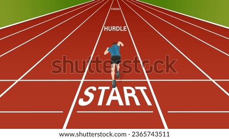 Rear view of a runner starting his sprint from "START" through "HURDLE" to "FINISH" on running track. Royalty-Free Stock Photo #2365743511