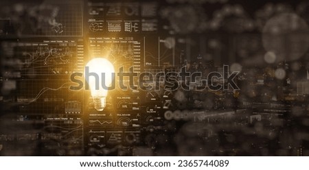 An illuminated or glowing lightbulb on a dark background with data and information analysis. The bulb represents new ideas, innovation, creativity, understanding, knowledge, and inspiration. Royalty-Free Stock Photo #2365744089