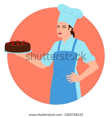 Clip art of a female chef proudly holding a chocolate cake. This image is perfect for bakery advertisements, dessert recipes, and cooking blogs