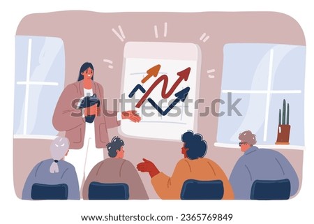 Cartoon vector illustration of Business seminar female speaker doing presentation and professional training about marketing, sales and e-commerce. Public conference and motivation for business