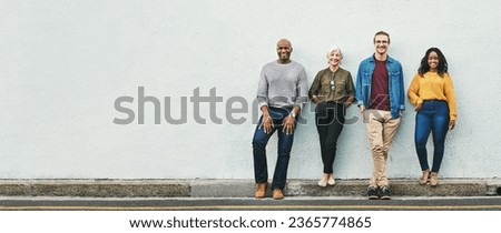 Banner, diversity and business people by wall for career, professional workforce and happiness. Collaboration, together and solidarity with international support for teamwork, community and success Royalty-Free Stock Photo #2365774865
