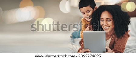 Bokeh, tablet or mother with child on a bed with mockup, social media or streaming subscription at home. Digital, space and mom with kid son in a bedroom happy, relax and online for movies or games
