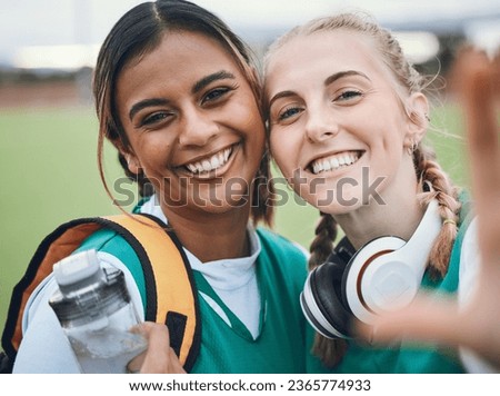 Selfie, portrait or hockey team in a game with support in sports training, exercise or fitness workout. Women, teamwork or happy people in a social media picture or group photo with smile in a match