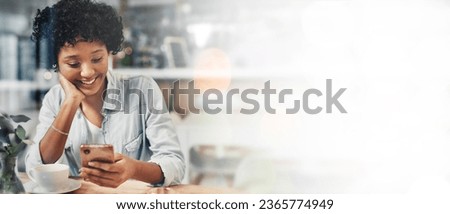 Banner, cafe and happy woman on smartphone, social media and reading email notification. Coffee shop, smile and person on phone for internet search, communication or mobile app on mockup space bokeh Royalty-Free Stock Photo #2365774949