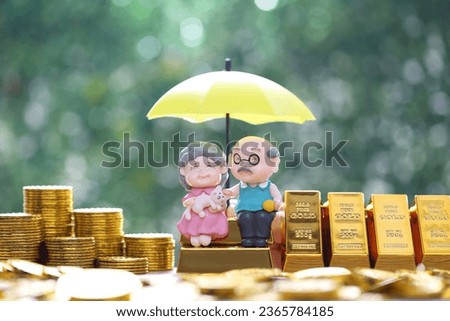 Mutual fund,Love couple senior with gold coin money and gold bar on natural green background, Save money for prepare in future and pension retirement concept