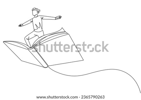 Single continuous line drawing man standing on a large flying open book. Like riding a cloud, able to fly as high as possible. Reading increases insight. Love read. One line design vector illustration