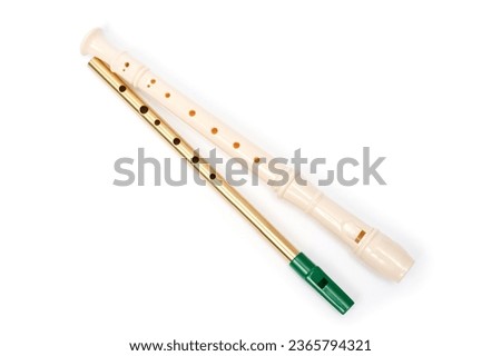 Irish whistle and block flute are longitudinal flutes with a whistle device and playing holes. Royalty-Free Stock Photo #2365794321