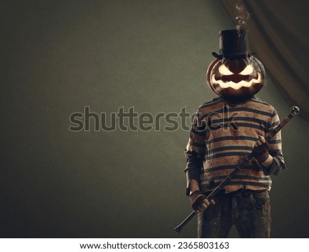 Evil pumpkin head monster wearing a top hat and holding a walking stick, Halloween and horror characters concept Royalty-Free Stock Photo #2365803163