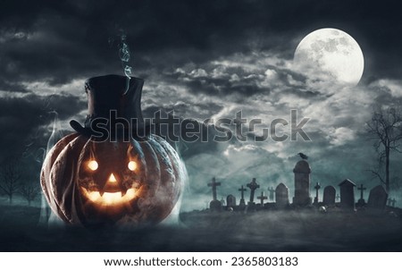 Cute smiling Halloween pumpkin with hat and spooky old cemetery in the background, copy space