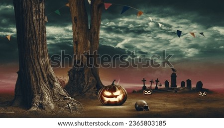 Horror Halloween background with pumpkins and old scary cemetery