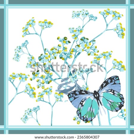 Scarf design with turquoise grass and butterfly watercolor painting on white background. Fashion design.