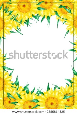 Hand drawn watercolor yellow sunflower boarder frame isolated on white background. Can be used for invitation, postcard, poster, book decoration and other printed products