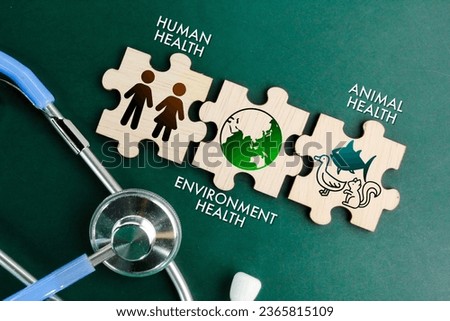 stethoscope and wooden puzzle with the words and icons of human health, animal health and environmental health. the concept of a clean and healthy environment. responsibility to the environment.  Royalty-Free Stock Photo #2365815109