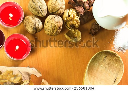 Photo shows a closeup of a various baking ingredients on a table.