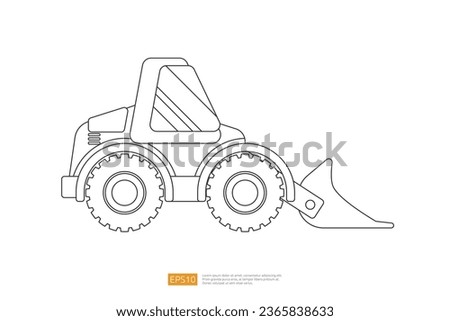 Line end loader vehicle flat. bulldozer quarry machine. stone wheel yellow digger. backhoe front loader truck. work tractor excavator. vector illustration. Coloring Page Book Cartoon Isolated for Kids