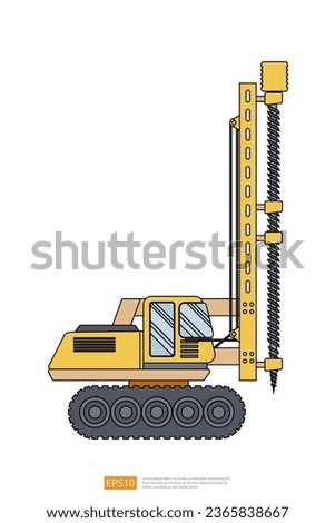 yellow Track Drilling Machine on white background. big heavy machinery equipment vehicle. Drilling Tractor flat construction and mining Industry car. Coloring Page Book Cartoon Isolated for Kids