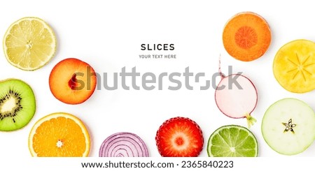 Different fruit and vegetable slice frame border isolated on white background. Healthy eating and dieting concept. Fresh slices creative layout. Design element. Top view, flat lay
 Royalty-Free Stock Photo #2365840223