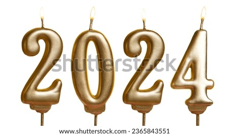 Candles isolated on a white background. Happy new year 2024. Christmas card banner with golden decorative candles. Mockup.