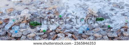 Trash on the beach filled with reuse, recycling, plastic free, copy space Plastic recycling, environmental pollution, ecology concept The concept of Earth Day