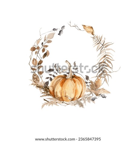 Watercolor floral frame. Hand painted autumn wreath, border of forest leaves, fern, fall leaf, pumpkins, isolated on white background. illustration for card design, harvest print