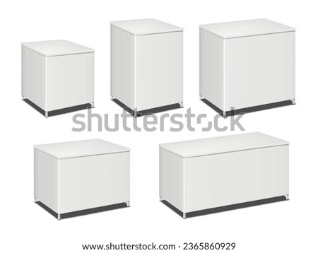 Blank white portable exhibition counter with metal legs. Vector mockup set. Promotional table display stand mock-up kit Royalty-Free Stock Photo #2365860929