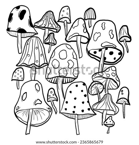 Cute black and white icons of vector mushrooms in an autumn theme on a white background