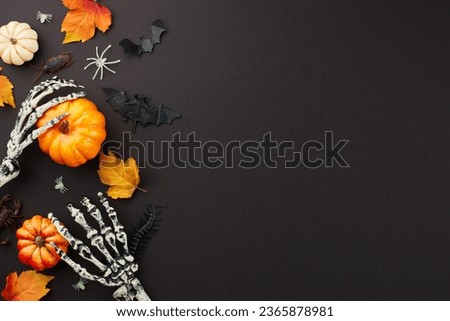 Ensuring your event exudes the spirit of Halloween. Top view photo of scary skeleton hands, pumpkins, autumn leaves, spooky insects on black background with promotional slot