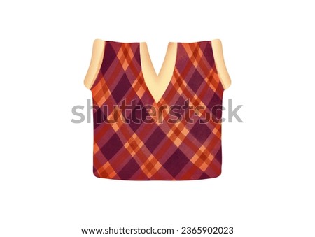 Burgundy plaid knitted vest without buttons. Watercolor clip art clothing isolated on white background. Winter, autumn warm stylish outfit for every day for schoolchildren, students