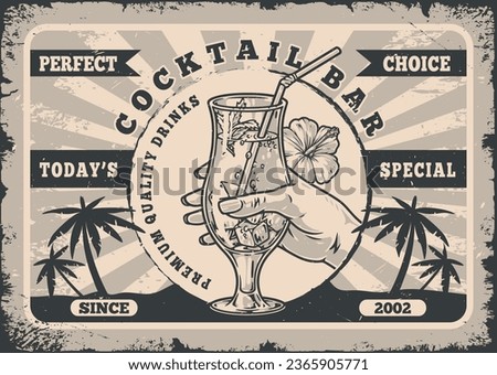 Cocktail bar monochrome vintage sticker with refreshing low-alcohol drink in woman hand near palm trees growing on ocean vector illustration