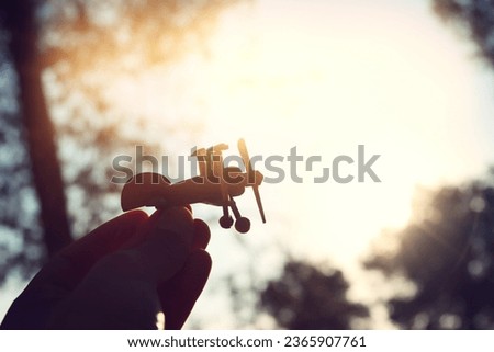 close up photo of man's hand holding toy airplane against sunset sky in the forest