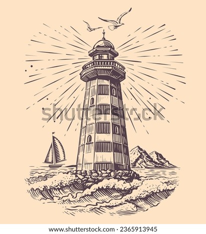 Hand drawn seascape in engraving style. Lighthouse and sailboat at sea sketch vintage vector illustration