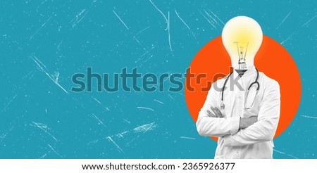 Poster template creative collage poster template experienced doctor patient consultation. Light bulb instead of doctor's head on blue background with space for text. Royalty-Free Stock Photo #2365926377