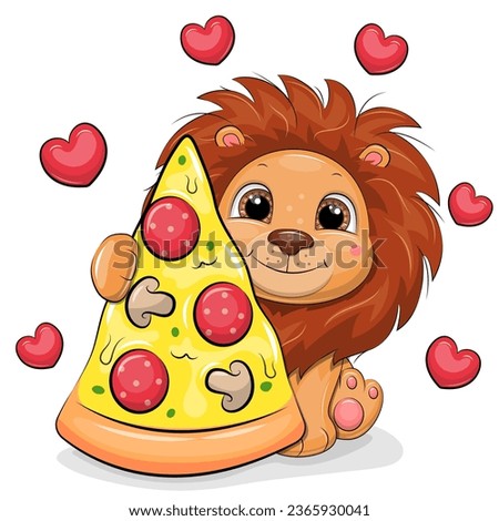 Cute cartoon lion with a big piece of pizza. Vector illustration of animal on a white background with red hearts.
