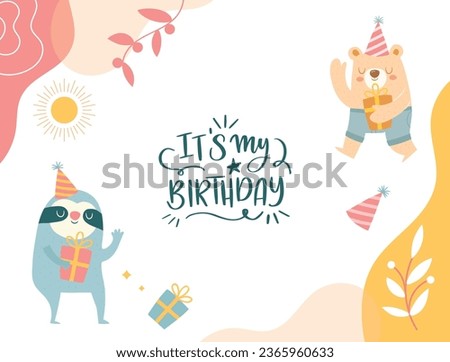 Happy birthday background. Happy birthday text. kids birthday party. Vector Illustration design. cake, balloons, party decoration elements. confetti and gift box. birthday celebration. greeting card.