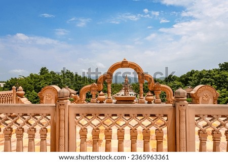 unique red stone arc of jain temple with amazing natural landscape view at morning image is taken at Shri Digamber Jain Gyanoday Tirth Kshetra, Nareli, Ajmer, Rajasthan, India on Aug 19 2023.