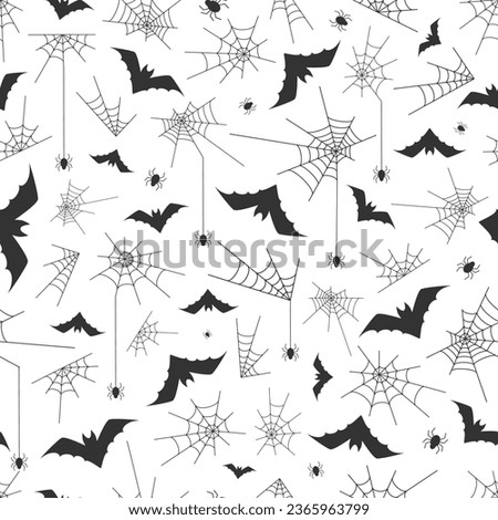 Vector seamless pattern for Halloween. Black images of a spider, web, and bat. Design elements for Halloween party poster.