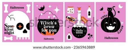 Happy Halloween. Set of cute Vector flat cartoon cards with black cat, bat, pumpkin, skull, potions, witch's cauldron and Halloween wishes. Trendy flat design for ads, greetings, banner, poster, cover