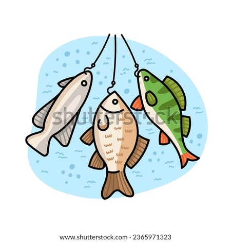 Fish caught on a hook - perch, crucian carp in doodle style isolated on a white background.