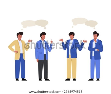 Set of chatting business people with speech bubbles. Men meet and talk with each other. Dialogues between male characters. Vector flat cartoon illustration
