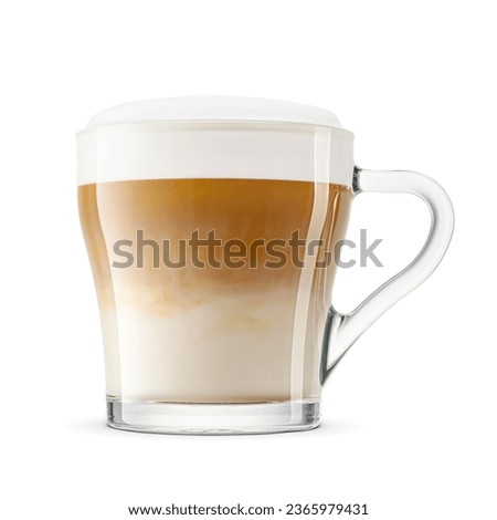 Cappuccino coffee with frothed milk foam in transparent glass cup isolated on white background. Royalty-Free Stock Photo #2365979431
