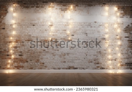 Minimalist white brick wall adorned with shimmering Christmas lights, perfect for background Royalty-Free Stock Photo #2365980321