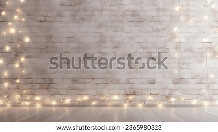Minimalist white brick wall adorned with shimmering Christmas lights, perfect for background