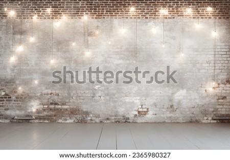 Minimalist white brick wall adorned with shimmering Christmas lights, perfect for background Royalty-Free Stock Photo #2365980327